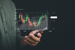 Businessman reveals a growing virtual hologram stock on smartphone, depicting the success and progress of stock market trading. Planning and strategy for business growth. Invest in trading.